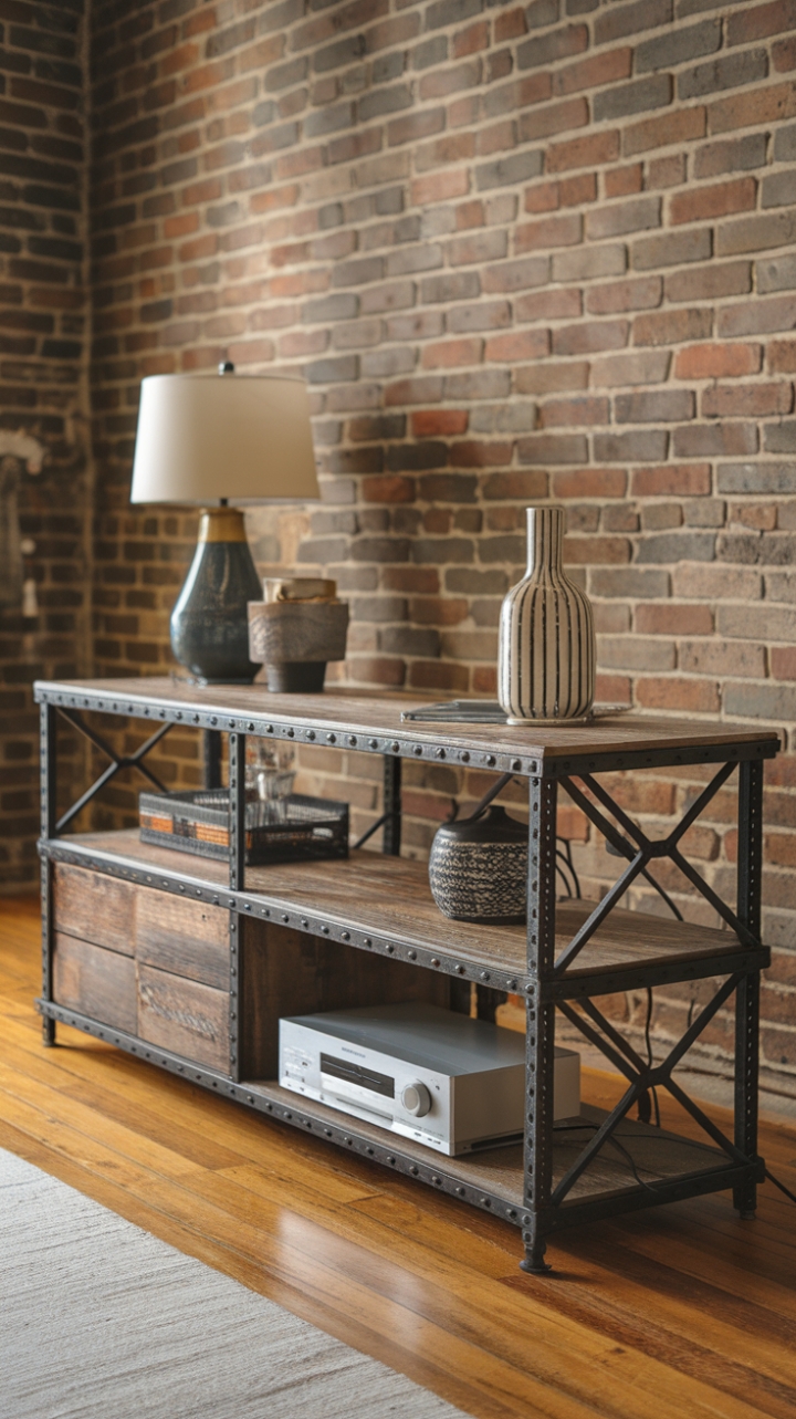 Unleash your inner industrial chic with this vintage metal TV stand. Its distressed wood finish and rustic design create a warehouse-inspired focal point, perfect for showcasing your media player and favorite décor. The multiple shelves offer ample storage, while the exposed brick backdrop adds to the raw, authentic vibe.