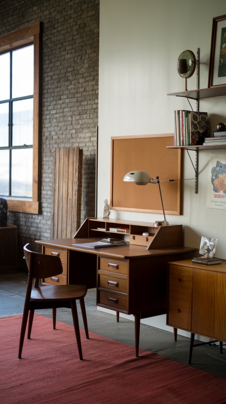 Raw brick walls and a rustic wooden door create a captivating contrast to the sleek lines of the mid-century furniture. A pop of color from the rug and carefully chosen accessories breathes life into this thoughtfully designed room, showcasing the beauty of blending vintage finds with modern sensibilities.