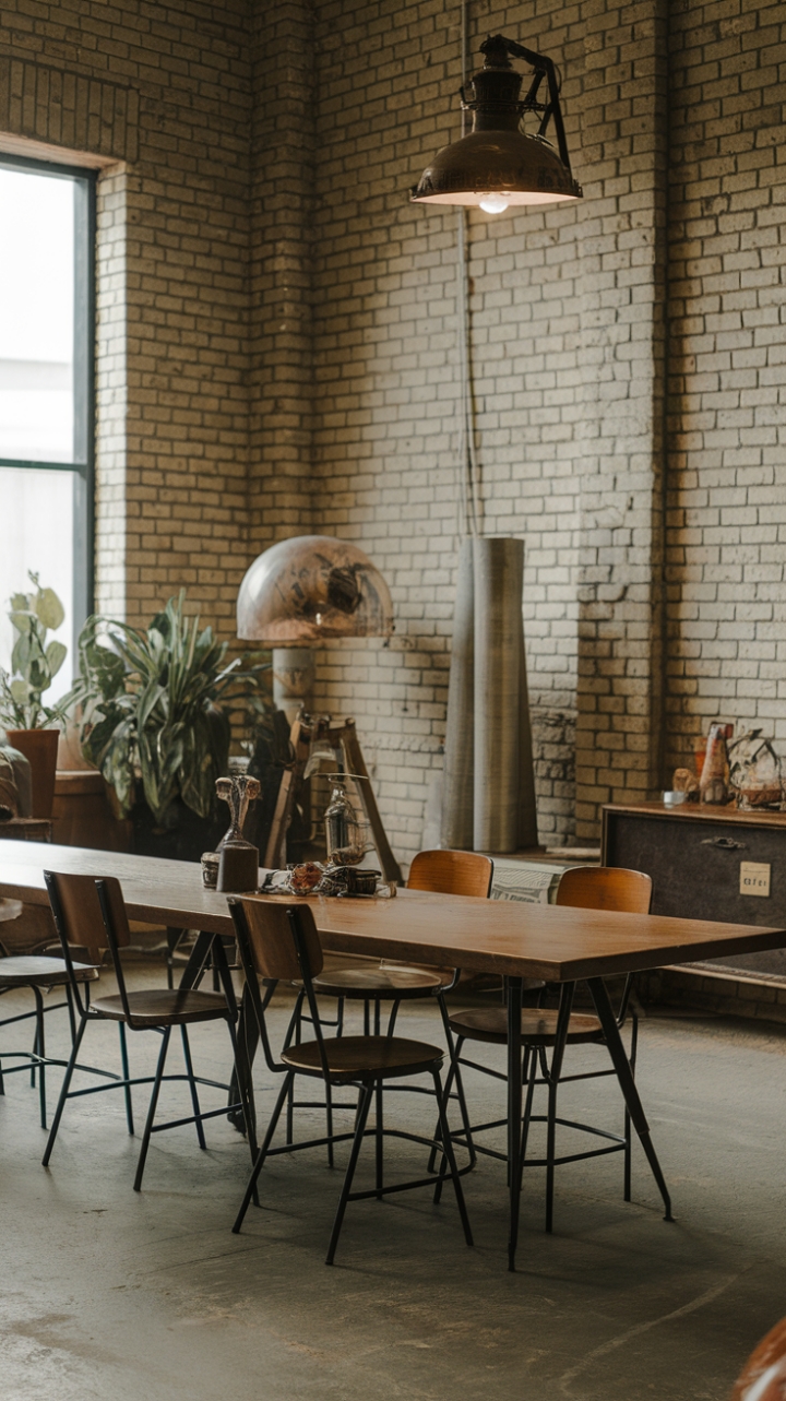 Raw, refined, and undeniably cool. This mid-century industrial space marries vintage charm with rugged textures—exposed brick, concrete floors, and a long, inviting wooden table set the stage for effortless gatherings. The vintage lighting and carefully curated accents add a touch of lived-in luxury.