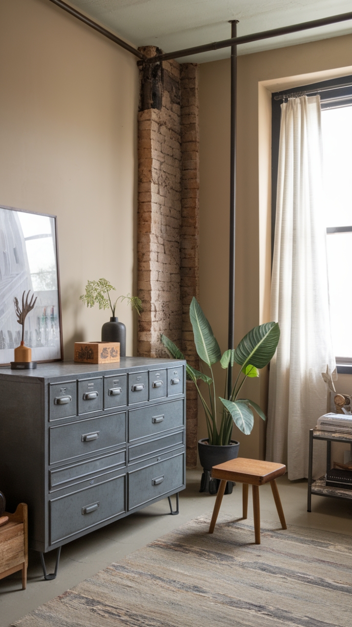 Craving a retro industrial aesthetic? This image showcases the magic of mixing mid-century modern pieces with vintage finds. Note the way the simple wooden stool and lush plant soften the cool tones of the metal cabinet and exposed brick, resulting in a space that's both stylish and inviting.
