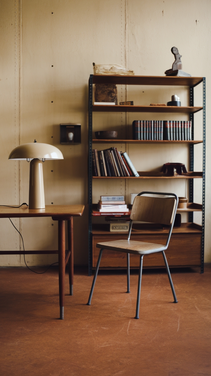 Rustic charm meets industrial edge in this captivating interior. A wooden table and metal chair, bathed in the soft light of a vintage lamp, anchor a space brimming with personality. The rich tones of the hardwood floor and beige walls create a warm and inviting atmosphere, perfect for quiet contemplation or lively conversation.