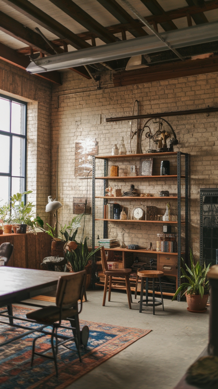 Raw industrial grit meets refined comfort. This eclectic space, brimming with repurposed treasures and vintage accents, showcases the beauty of imperfection. A symphony of textures and tones, it's a testament to the enduring allure of handcrafted design.