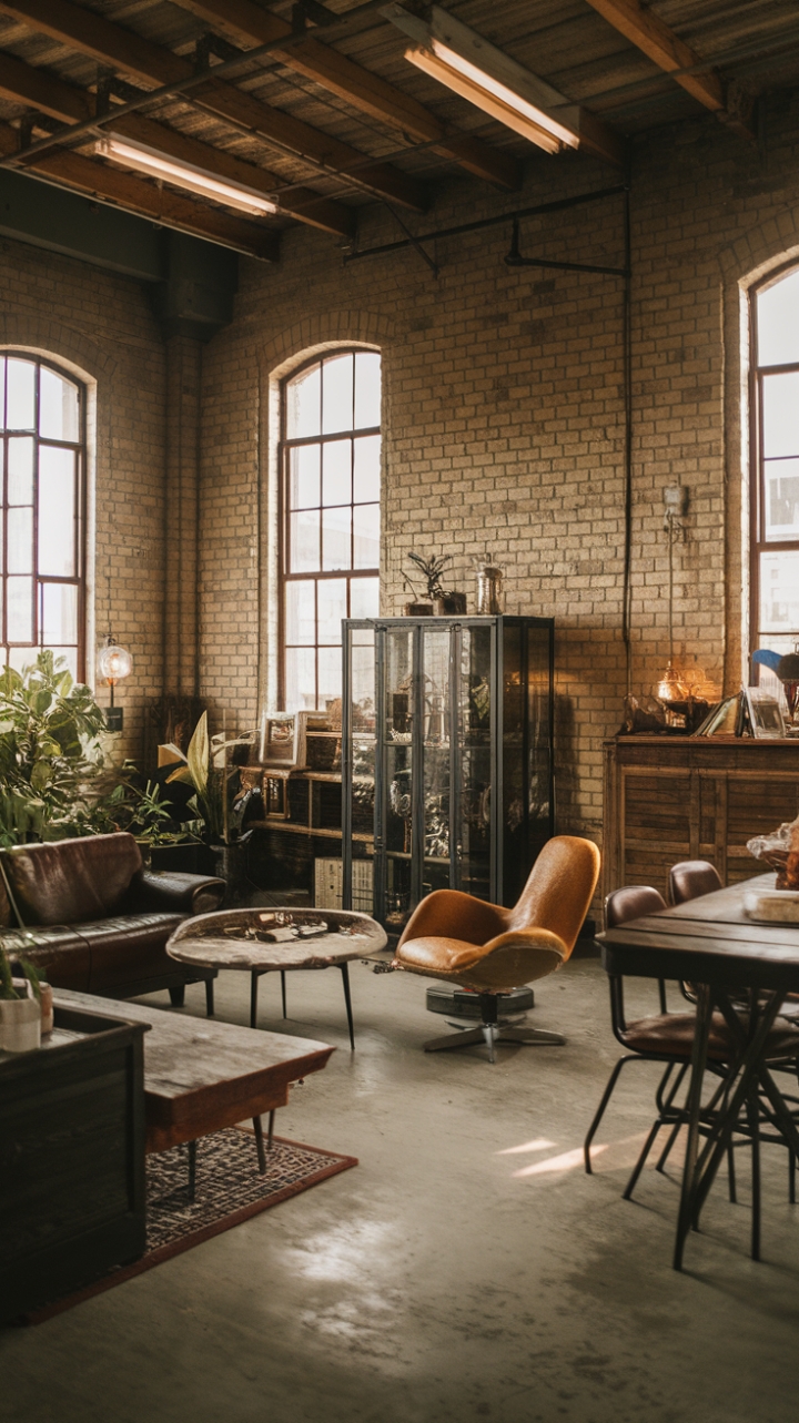 Imagine cozy evenings spent in this eclectic haven. Exposed brick whispers stories of the past, while the thoughtfully curated furniture and pops of greenery create a space that's both stylish and surprisingly comfortable. The perfect balance of industrial edge and lived-in charm awaits.