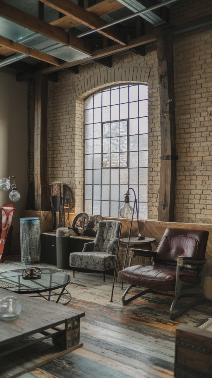 Imagine waking up in this eclectic industrial haven. High ceilings, exposed brick, and a generous window with an industrial grate bathe the space in natural light. The vintage industrial chair, rustic modern table, and carefully chosen accessories tell a story of collected style and lived-in luxury. It's a space that breathes character and invites you to linger.