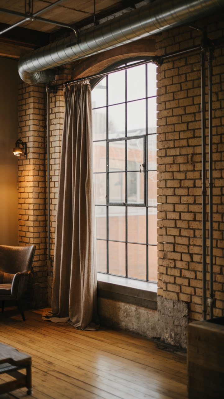 Ready to fall in love with raw, urban chic? Exposed brick whispers history, while a weighty beige curtain, suspended from a vintage steel pipe rod, softens the industrial edge of this sun-drenched space. Warmth radiates from the wooden floors and ambient lighting, creating an inviting haven where comfort meets character.