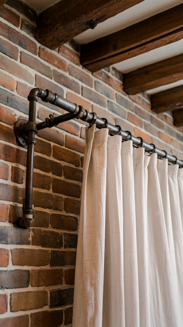 Unleash your inner urbanite with this striking display of industrial design. A weathered steel pipe rod, brimming with vintage charm, supports flowing white curtains, their subtle shimmer a perfect counterpoint to the rough-hewn brick wall and warm wood beams above. A testament to the beauty of contrasting elements.