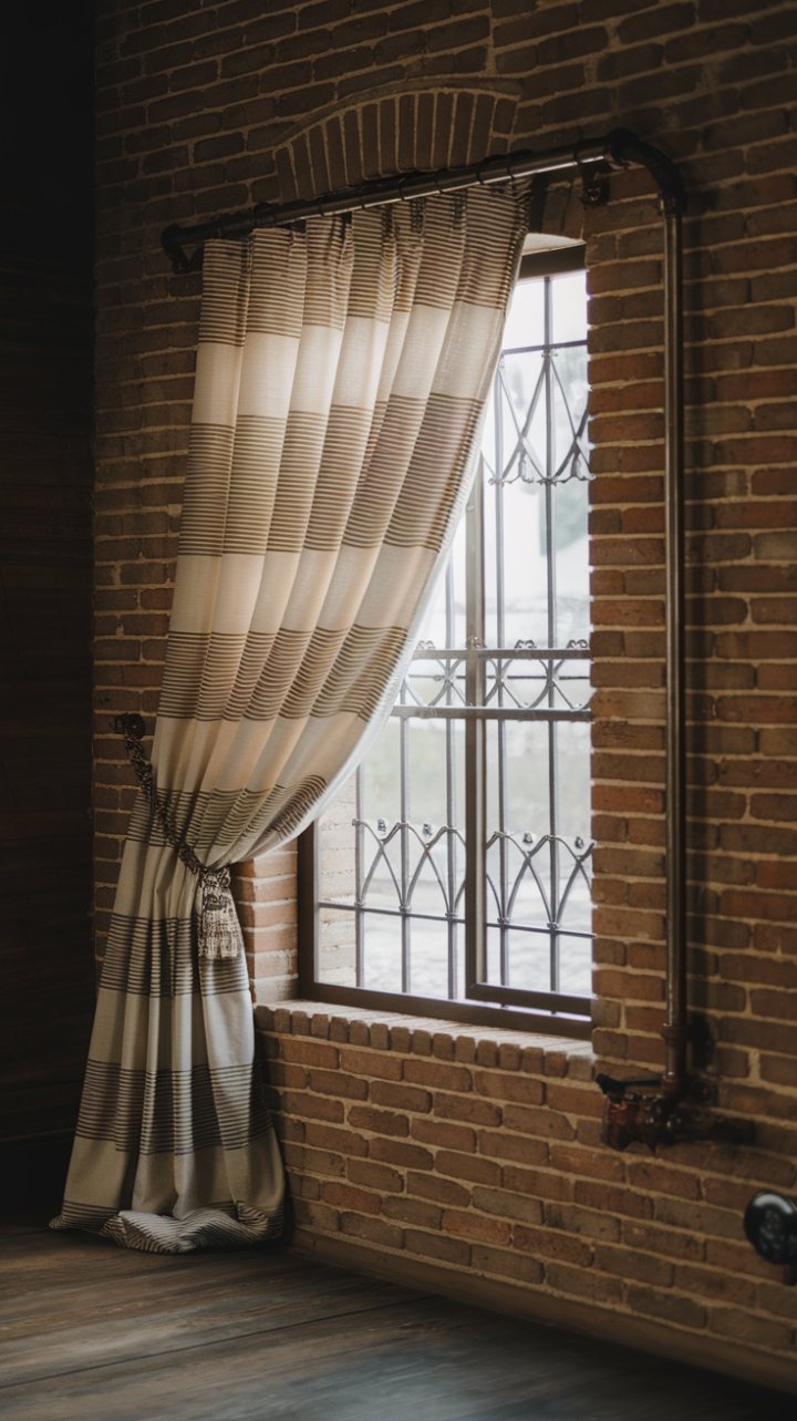 Imagine this striking steel pipe curtain rod, a testament to industrial chic, framing your window. The creamy striped curtain whispers softness against the rugged brick wall and rich wood floor, creating a captivating blend of textures and styles. The glimpse of the window's iron bars adds a layer of intriguing history.