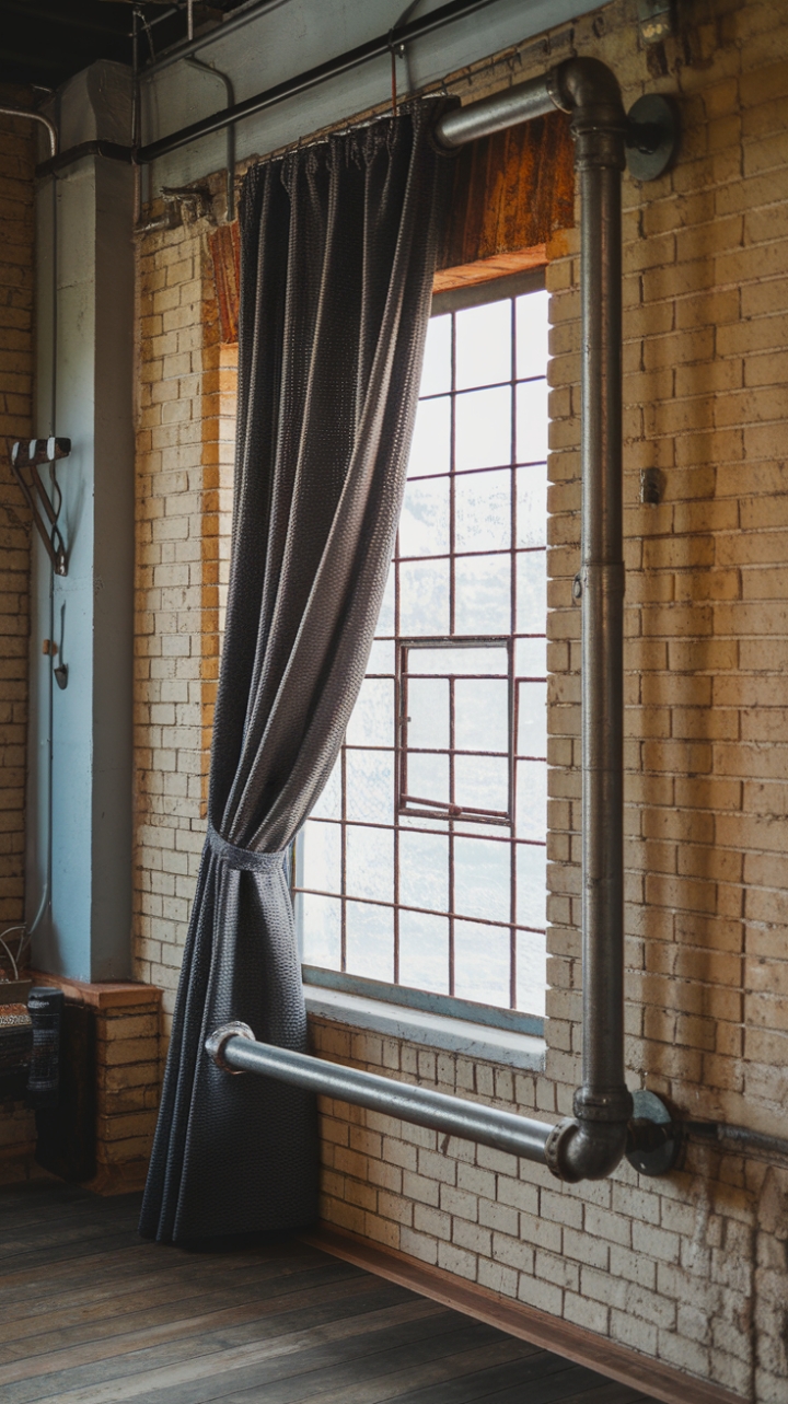 Raw industrial chic meets refined texture. A hefty steel pipe curtain rod anchors a darkly romantic window, its aged steel frame a perfect counterpoint to the richly woven grey curtain. The exposed brick backdrop adds to the lived-in, captivating charm.