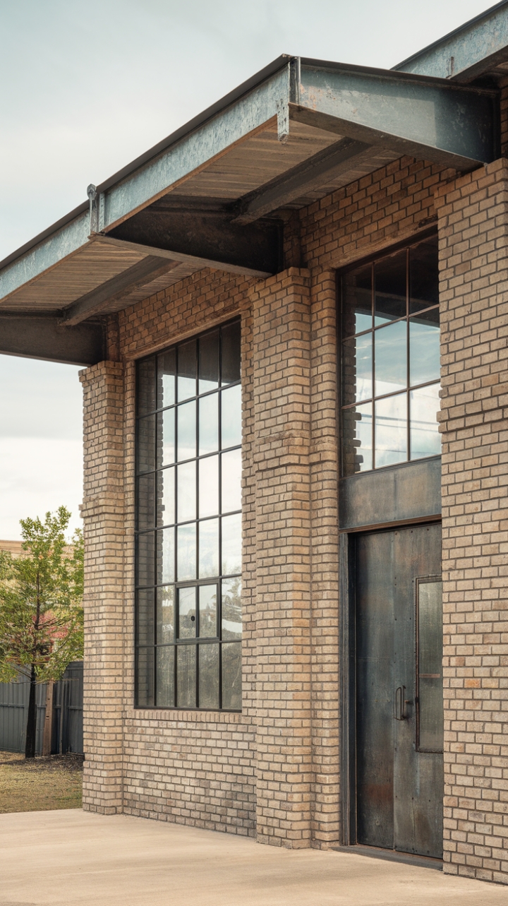 Raw, refined, and undeniably cool. This industrial-chic exterior boasts a striking brick facade, punctuated by minimalist windows and a sleek metal door. Exposed beams and a rustic roofline add layers of texture and character, creating a home that's both strikingly modern and warmly inviting.