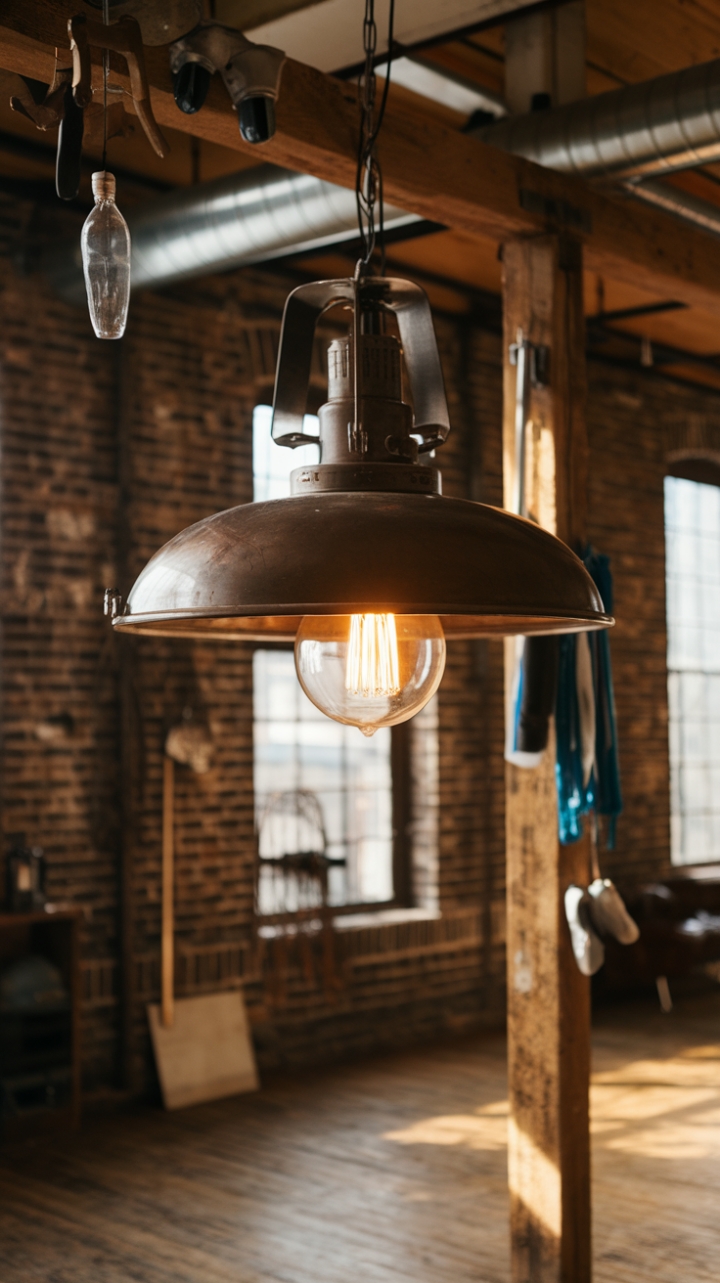 Rustic charm meets industrial edge in this loft space, where a vintage multi-bulb pendant casts a warm glow against exposed brick and wooden beams laden with salvaged tools. The perfect blend of textures and eras creates an inviting atmosphere, brimming with character.