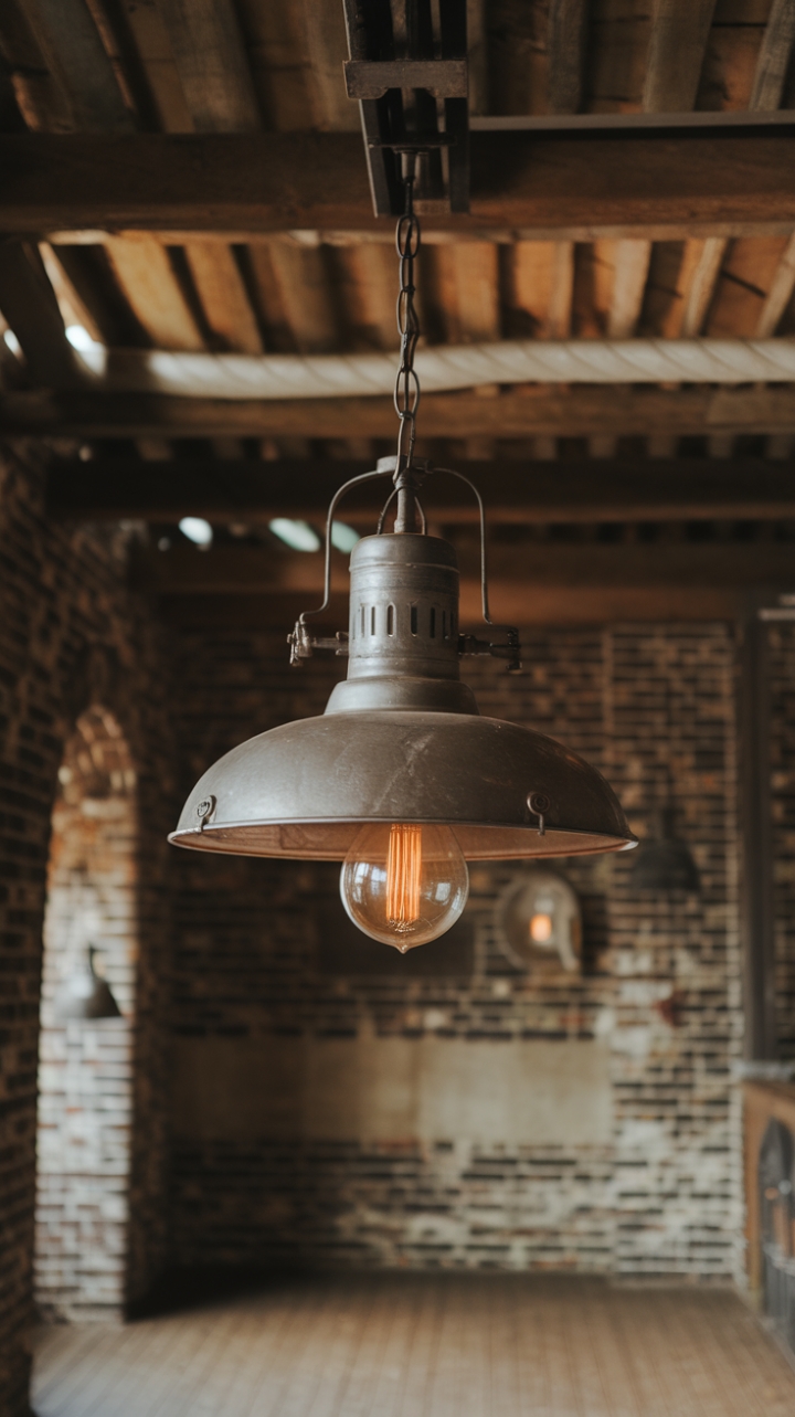 Ready to infuse your space with raw, industrial charm? This vintage pendant lamp, a symphony of metal and exposed bulbs, hangs proudly from rustic wooden beams, casting a warm glow against exposed brick. The perfect blend of vintage grit and modern style for a loft-like haven.