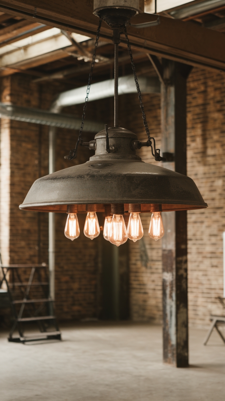 Ready to illuminate your space with raw, industrial charm? This vintage-inspired pendant light, a symphony of distressed metal and exposed bulbs, hangs proudly from a weathered wooden beam, casting a warm glow against exposed brick and concrete. The perfect blend of rustic and refined, it's a statement piece that speaks volumes.