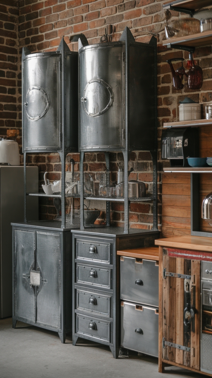 Exposed brick whispers stories of the past, while sleek metal cabinets and reclaimed wood units sing a song of industrial chic. This kitchen is a testament to the beauty of repurposed materials and the magic of blending contrasting styles into a harmonious whole. A space where functionality meets unforgettable design.