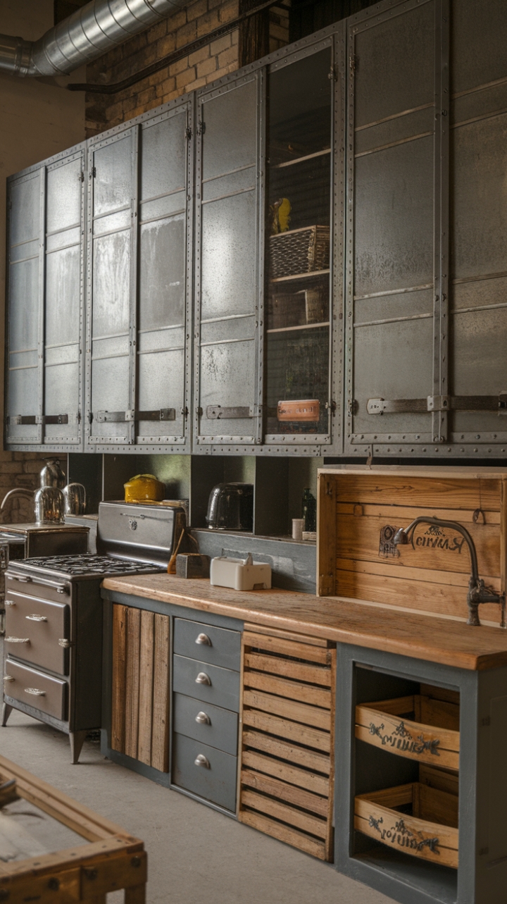 Imagine crafting culinary masterpieces in this breathtaking industrial kitchen! The marriage of factory-style metal cabinetry and rustic reclaimed wood creates an undeniably cool aesthetic. Vintage accents, from the antique stove to a charming wooden crate, add layers of character and history, transforming this space into a haven of style and functionality.