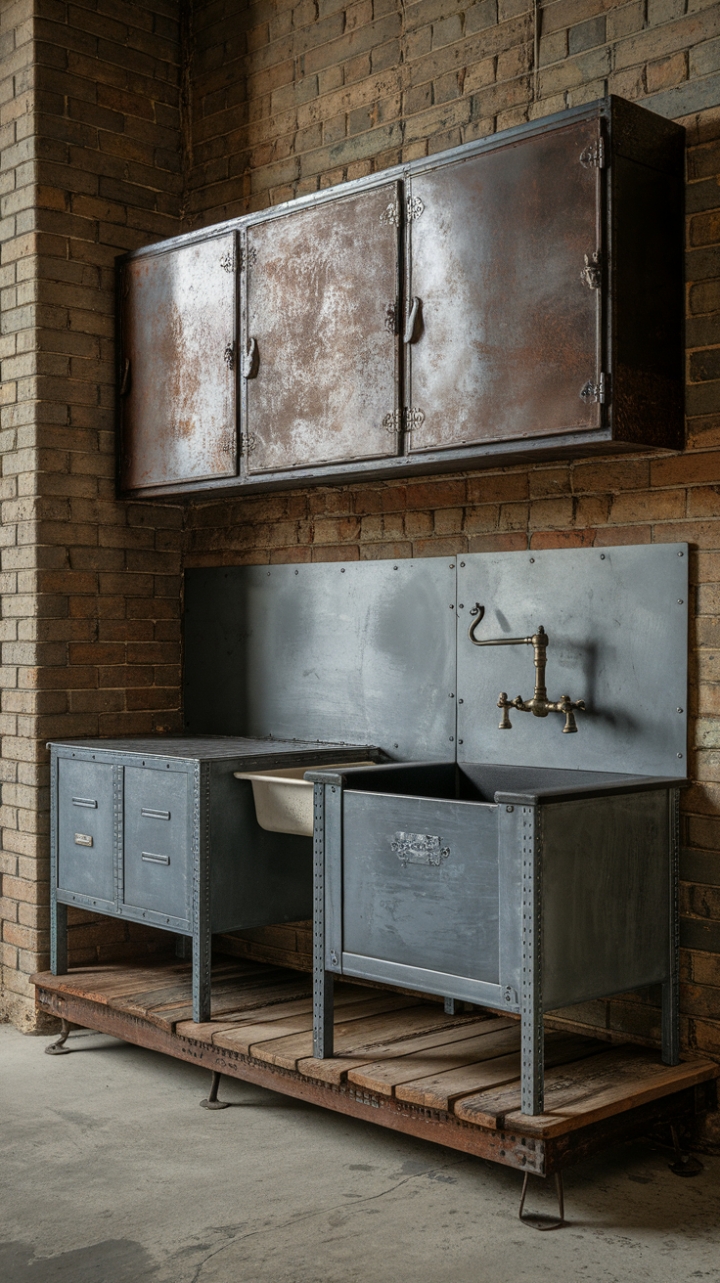 Raw urban grit meets rustic charm in this industrial kitchen. Distressed metal cabinets perch atop a reclaimed wood platform, their vintage sink and factory-style tap a testament to enduring style. Exposed brick and concrete flooring complete the loft-like aesthetic, a space where functionality and character collide.