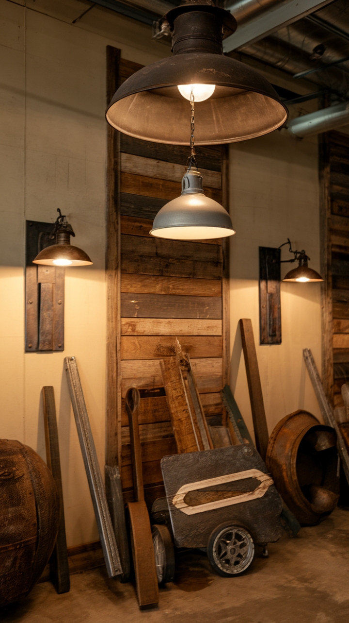 Raw textures and warm light intertwine in this stunning industrial-rustic haven. A magnificent vintage pendant light anchors the scene, complemented by a charming farmhouse pendant and bold metal sconces. The distressed wood flooring and scattered metal elements complete the look, creating a space that's both stylish and inviting.