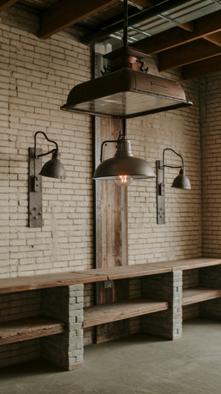 Industrial strength meets rustic romance. A symphony of textures and styles, this interior showcases the beauty of contrasting elements. Vintage industrial lighting takes center stage, its bold presence softened by the farmhouse pendant's gentle glow. The raw concrete floor and exposed brick walls provide a dramatic backdrop, while a simple wooden shelf adds a touch of unexpected warmth. A masterclass in blending the old and the new.