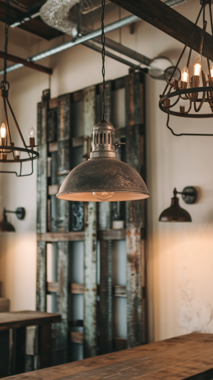 Ready to infuse your space with rustic-industrial charm? A weathered farmhouse pendant casts a warm glow over a rich wood table, complemented by antique industrial chandeliers and rugged metal sconces that whisper tales of bygone eras. The distressed wood and metal accents create an inviting ambiance, perfect for cozy gatherings.
