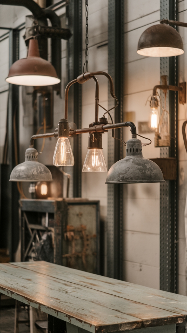 Imagine the ambiance: a weathered wooden table bathed in the warm, inviting light of an antique industrial chandelier, its distressed metal shades whispering tales of bygone eras. Complemented by rugged metal sconces and vintage industrial fixtures, this scene evokes the charm of a converted warehouse, effortlessly blending rustic warmth with industrial edge.