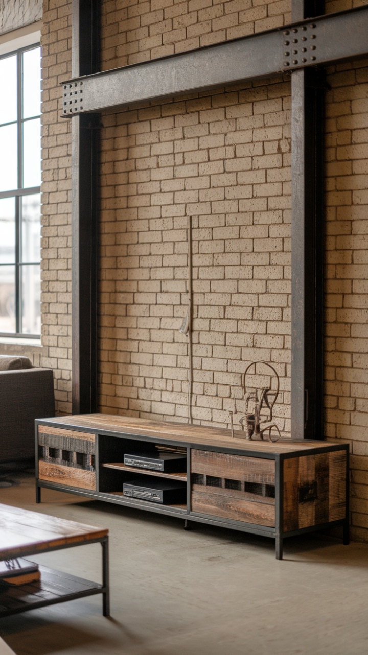 Craving a unique media console that speaks volumes? This rustic beauty, crafted from reclaimed wood and accented with a raw metal frame, is the perfect centerpiece for your industrial-chic loft. Its juxtaposition against exposed brick and a minimalist aesthetic showcases the power of blending textures and eras for a truly captivating space.