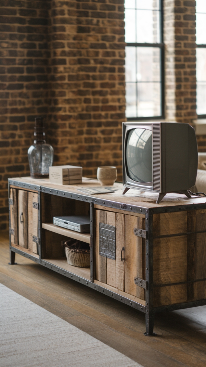 Love the look of exposed brick and crave a touch of vintage industrial style? This media console is your answer! Crafted from reclaimed wood with a striking metal frame, it's a statement piece that effortlessly blends rugged texture with sleek lines. The added vintage TV stand is the perfect finishing touch, creating a captivating focal point in any loft-style space.