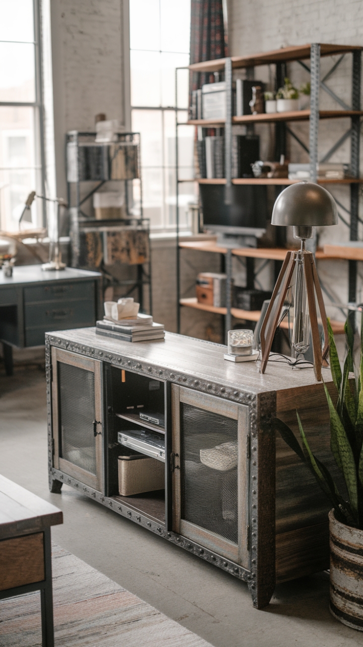 Ready to infuse your space with raw, industrial charm? This rustic media console, a vintage TV stand reborn with a striking metal frame, anchors a loft-style haven. Distressed wood whispers tales of time, while a simple lamp and verdant plant add pops of life. The surrounding urban industrial furniture—a desk and bookshelf—complete the perfectly imperfect ensemble.