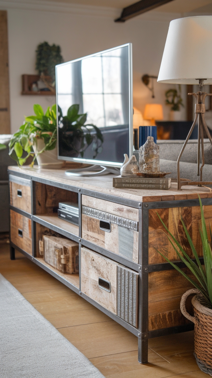 Ready to infuse your living space with rustic-chic charm? This vintage TV stand, crafted from reclaimed wood and accented with a sleek metal frame, is the perfect blend of rugged texture and refined style. A curated collection of décor—a leafy green plant, a stylish lamp, and a few carefully chosen accents—rests atop, showcasing its versatility and adding a touch of lived-in warmth. The drawers below offer ample storage, keeping your essentials organized and out of sight.