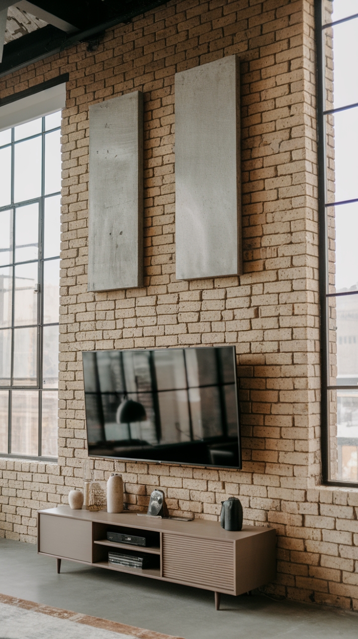 Industrial cool redefined. This loft's exposed brick walls and high ceilings create a dramatic canvas for a surprisingly minimalist living space. The strategic placement of concrete décor and a sleek TV setup demonstrates that less is truly more, resulting in a sophisticated and surprisingly calming atmosphere. Large windows bathe the room in natural light, completing this stunning urban sanctuary.