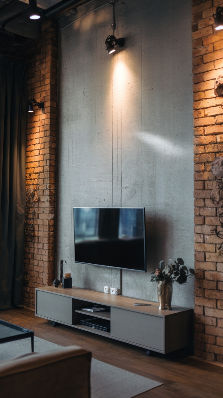 Raw urban grit meets refined minimalism in this loft-style living room. A sleek, mounted TV anchors the exposed brick wall, its industrial charm softened by carefully curated décor and warm wood floors. The perfect blend of texture and simplicity.