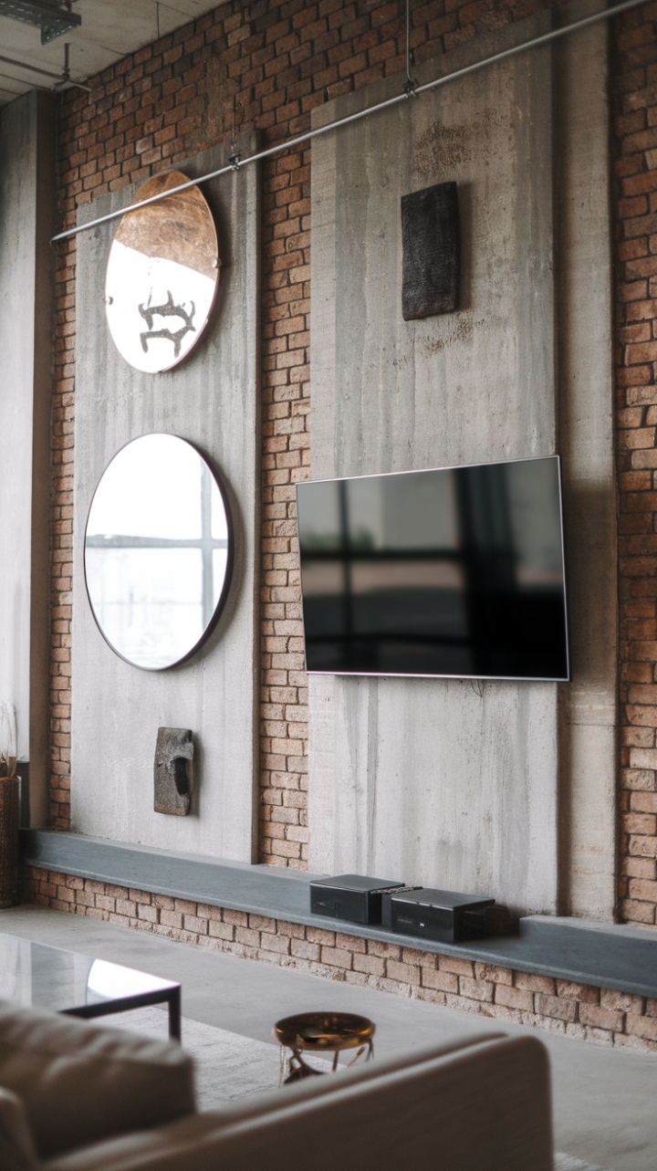 Craving a living room with serious industrial edge? This space nails it. Exposed brick and concrete form a stunning backdrop for a minimalist TV installation, proving that less is truly more. The subtle addition of a statement mirror and carefully curated accessories softens the raw materials, creating a sophisticated and surprisingly cozy atmosphere.