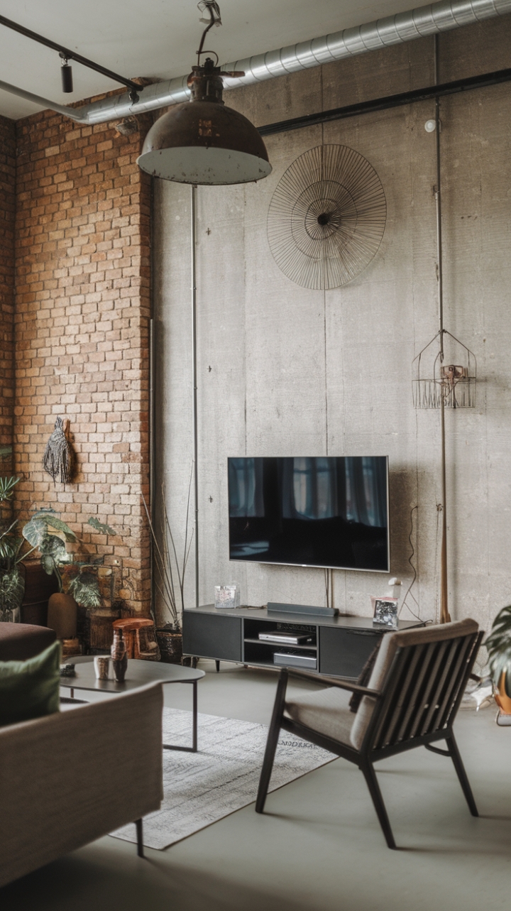 Raw urban grit meets refined modernism in this loft-style living room. Exposed brick and concrete create a dramatic backdrop for a minimalist TV setup and thoughtfully curated furniture, proving that industrial chic can be both stylish and surprisingly cozy. The statement industrial lamp adds a touch of vintage flair, while the strategically placed greenery softens the hard edges, resulting in a space that's both edgy and inviting.