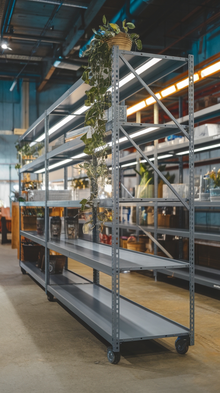 Concrete jungle meets botanical bliss! This mobile metal shelving unit, bathed in brilliant light, is the perfect blend of rugged industrial design and unexpected organic charm. The grey steel shelves, brimming with carefully curated items and vibrant plants, create a dynamic and inspiring storage solution.