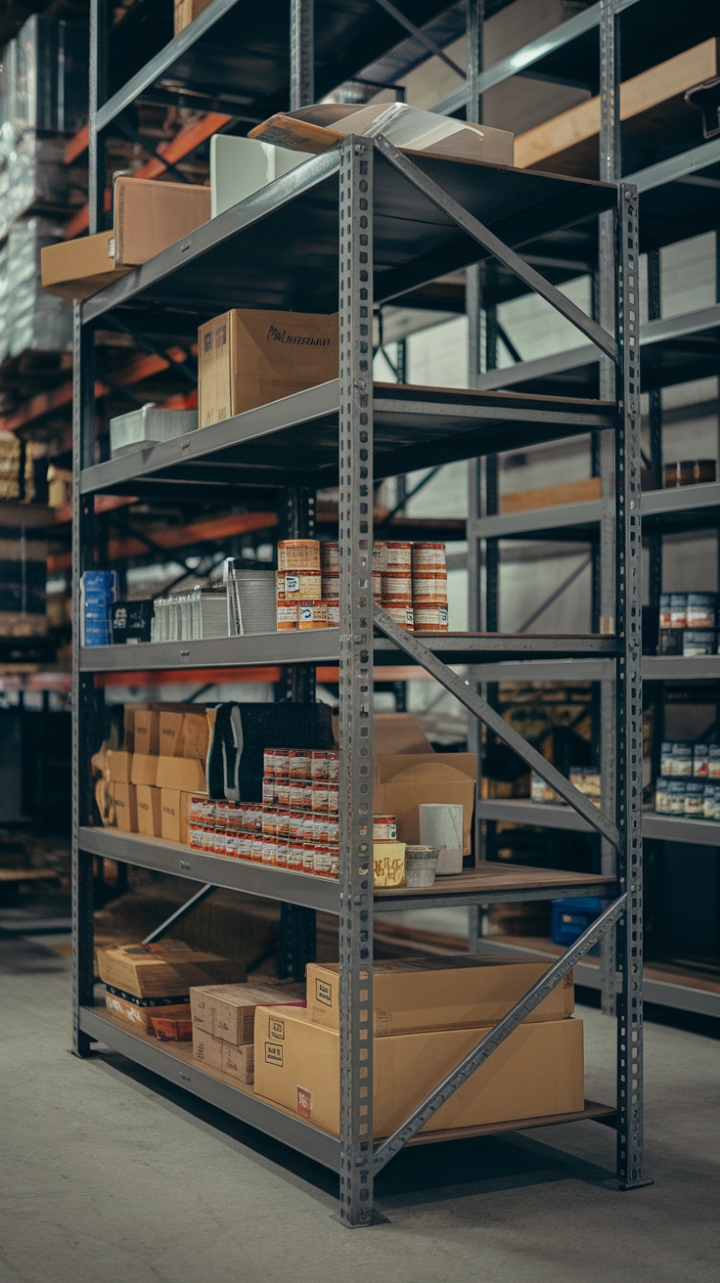 Unleash your inner urbanite with this striking industrial shelving system. Its robust steel construction and multi-tiered design offer ample storage, while the curated collection of boxes, tools, and canned goods adds a touch of lived-in character, perfect for a loft, workshop, or even a boldly styled kitchen.