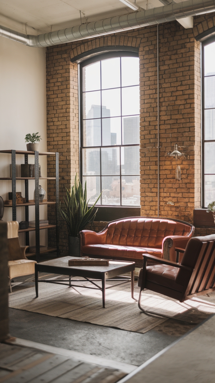 Ready to trade cookie-cutter for captivating? This urban loft's industrial-chic living room boasts exposed brick, vintage finds, and a breathtaking city skyline view—all anchored by a minimalist design that's anything but boring. The raw concrete and wood flooring, paired with metal accents and a curated selection of furniture, creates a space that's both stylish and surprisingly inviting.