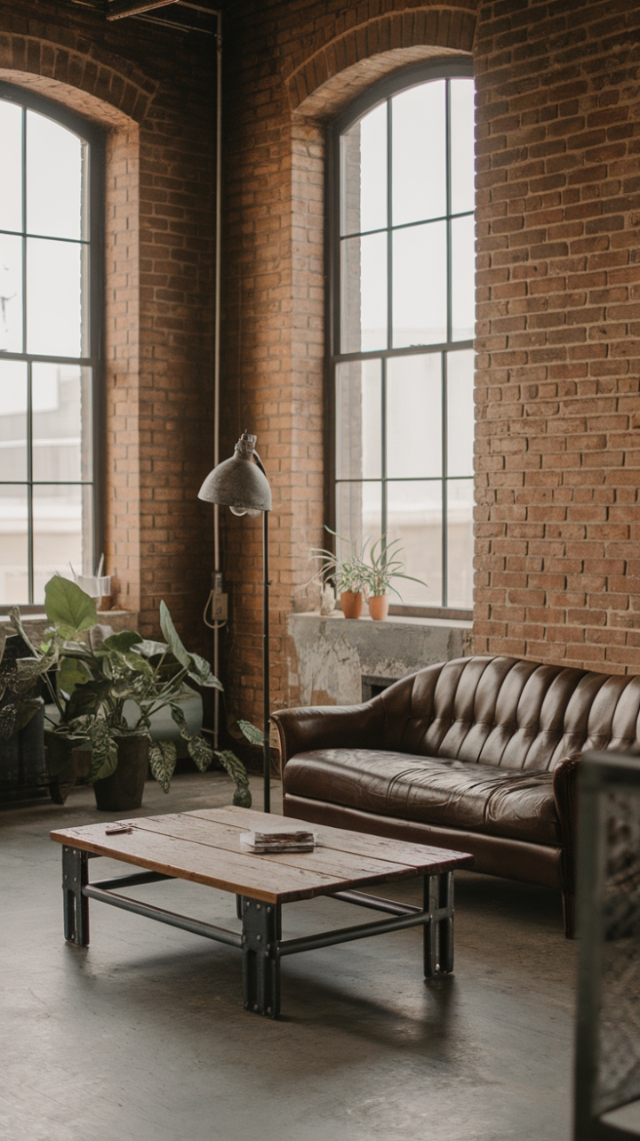 Ready to fall for raw, urban charm? Exposed brick whispers stories of the city's past, while a vintage sofa and a rustic coffee table create a haven of lived-in luxury. Potted plants add a touch of nature to this minimalist concrete haven, perfectly complemented by a distressed lamp that casts a warm glow.