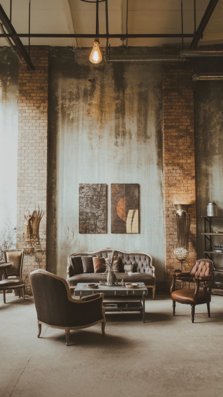 Ready to fall head-over-heels for industrial-chic design? This living room's exposed brick, vintage furniture, and raw textures create a space that's both rugged and refined, a perfect blend of urban grit and cozy comfort. The high ceilings and strategic lighting add to the drama, while carefully chosen art pieces inject personality and warmth.