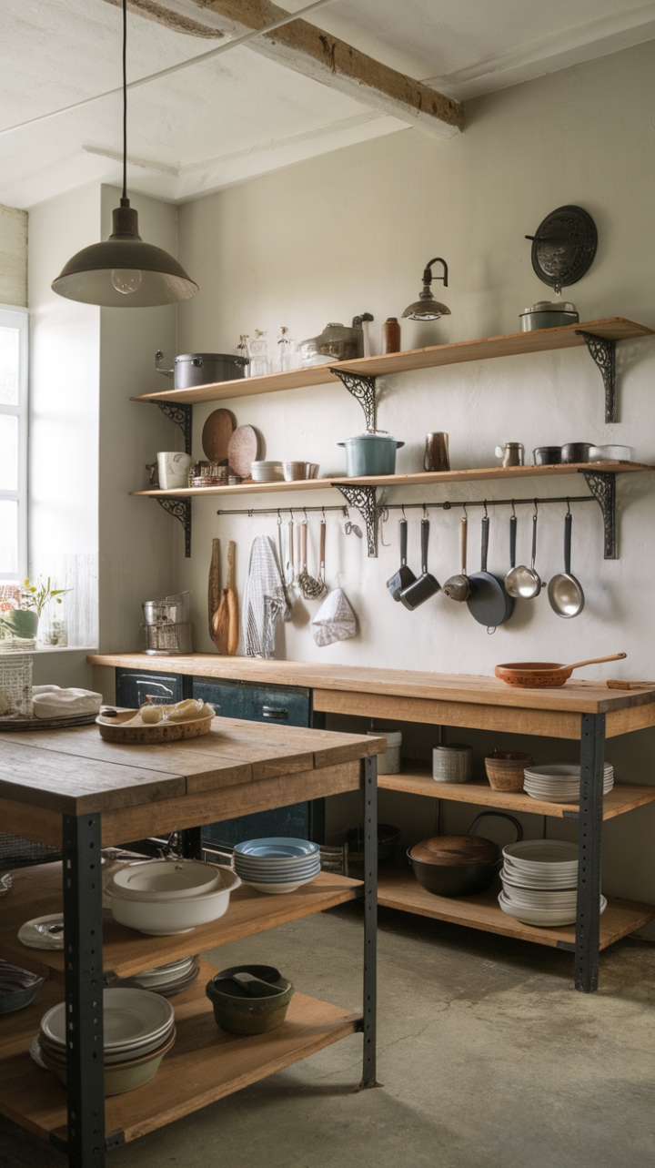 A symphony of textures and styles: worn wood whispers of country charm, while sleek metal fixtures add a modern industrial twist. Open shelving showcases treasured vintage pieces, creating a kitchen that's as functional as it is visually stunning. The concrete floor grounds the space, adding a touch of raw, urban cool.