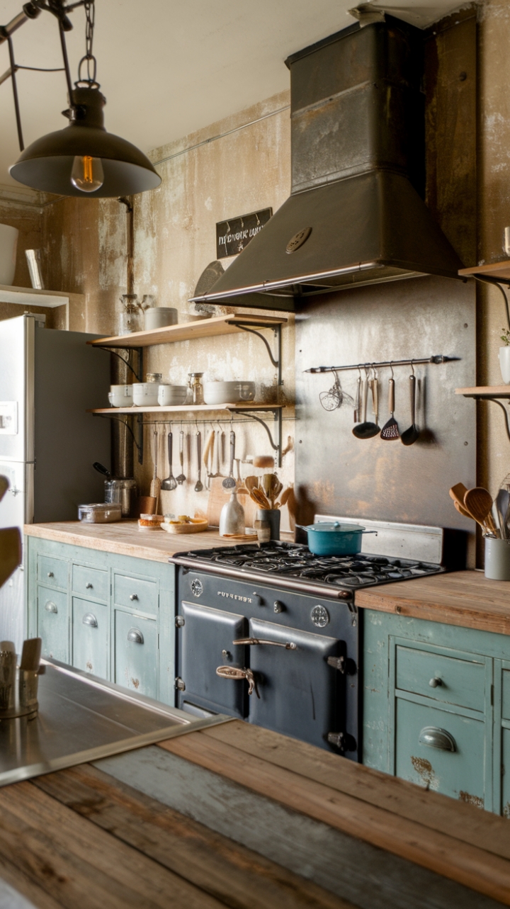 Ready to fall in love with a kitchen that seamlessly blends rustic charm and industrial edge? Reclaimed wood countertops meet a vintage stove and gleaming metal accents in this farmhouse-inspired haven. Open shelving displays cherished cookware, while distressed walls whisper tales of culinary adventures.