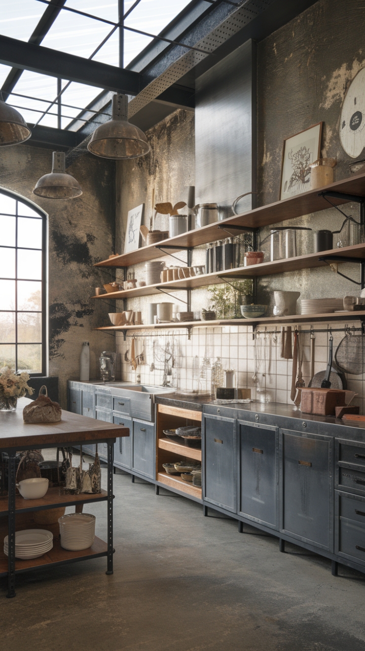 Rustic charm meets industrial edge in this sun-drenched kitchen. Reclaimed wood whispers stories of the past, while gleaming metal accents add a modern touch. Distressed walls and a concrete floor ground the space, creating a warm, lived-in feel. Open shelving showcases a curated collection of vintage treasures, adding personality and character to this stunning culinary haven.