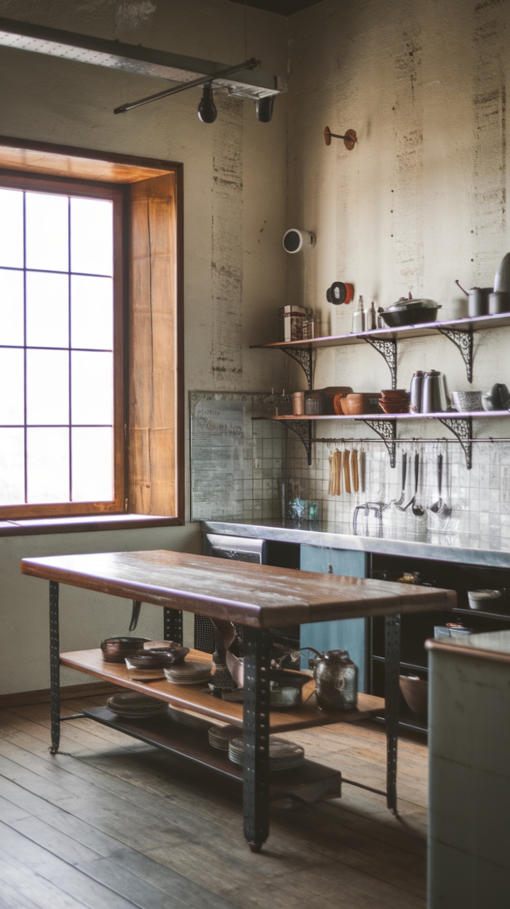Ready to fall in love with the charm of rustic-industrial design? This kitchen's reclaimed wood table, paired with vintage finds and open shelving, creates a space that's both warm and inviting. The distressed walls and large window flood the room with natural light, highlighting the perfect blend of farmhouse coziness and industrial edge.
