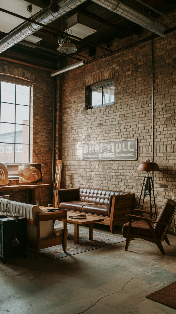 Craving a retreat that's as tough as it is inviting? This industrial-chic man cave is the answer. High ceilings and exposed brick walls create a dramatic backdrop for the rustic wooden furniture and vintage accents. The concrete floor grounds the space, while the industrial lighting adds a touch of edgy sophistication. It's the perfect blend of raw and refined, a sanctuary designed for comfort and style.