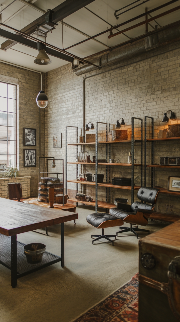 Escape to this urban sanctuary where industrial chic meets rustic warmth. High ceilings and exposed brick walls create a dramatic backdrop for a thoughtfully assembled collection of vintage furniture, including a sturdy wooden table and a comfortable leather armchair. The perfect blend of textures and materials—from smooth concrete to aged wood—makes this man cave a true retreat.