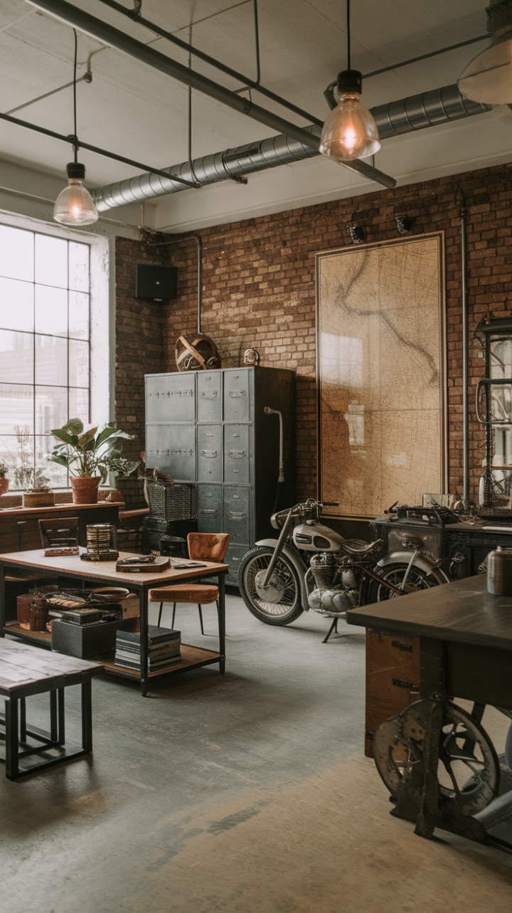 Ready to unleash your inner gearhead? This industrial man cave, a symphony of exposed brick, vintage finds, and raw masculinity, is the ultimate sanctuary. A classic motorcycle rests beside a sturdy wooden table, its patina a testament to time well-spent. Metal cabinets and industrial lighting fixtures add to the gritty charm, while strategically placed greenery softens the edges. Concrete floors and a high ceiling create a space that's both grand and intimate.