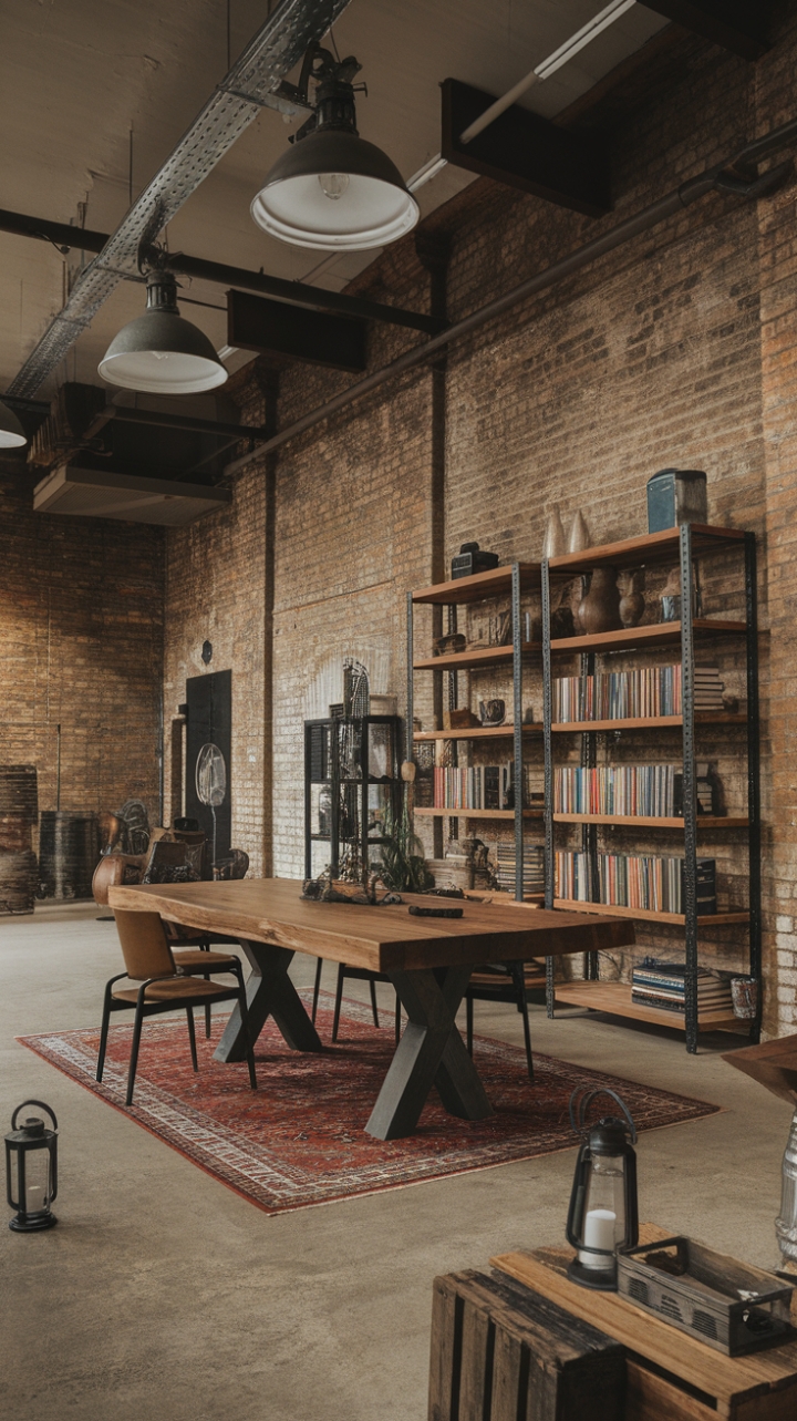 Raw, refined, and undeniably masculine: This industrial man cave marries exposed brick and high ceilings with rustic charm. A richly patterned rug anchors a substantial wooden table, perfect for spirited gatherings or quiet contemplation. The curated mix of books, vintage finds, and industrial lighting fixtures creates a space that's both rugged and sophisticated.