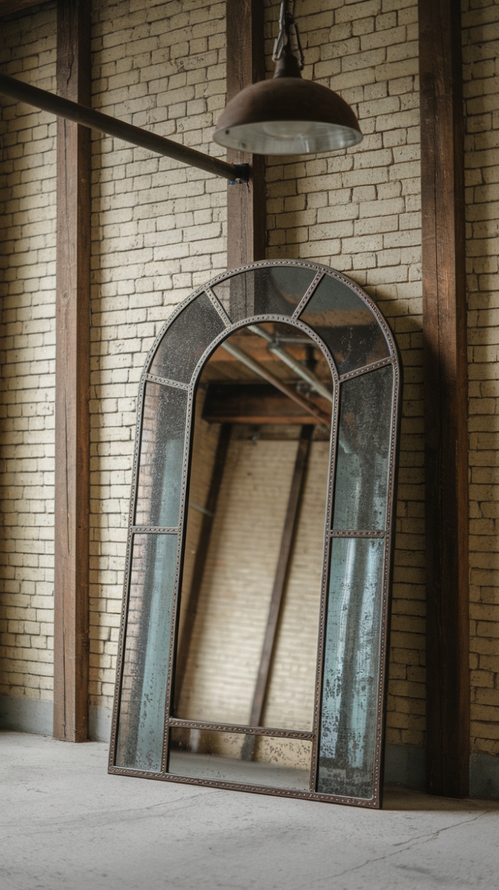 Imagine this: a sun-drenched room, exposed brick whispering stories of the past, and a magnificent vintage industrial mirror reflecting the light. Its distressed metal frame adds a touch of rugged elegance, perfectly complementing the rustic light fixture and the raw beauty of the wooden beams and concrete floor. This isn't just a mirror; it's a statement piece that transforms any space into a minimalist industrial dream.