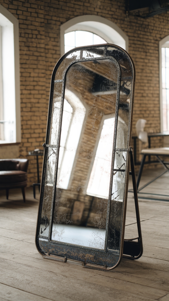 Unearth the raw beauty of industrial chic with this vintage mirror. Its distressed metal frame and aged patina add a touch of rugged elegance to any loft space, perfectly complementing exposed brick and minimalist furnishings. The reflection? Pure, unadulterated style.