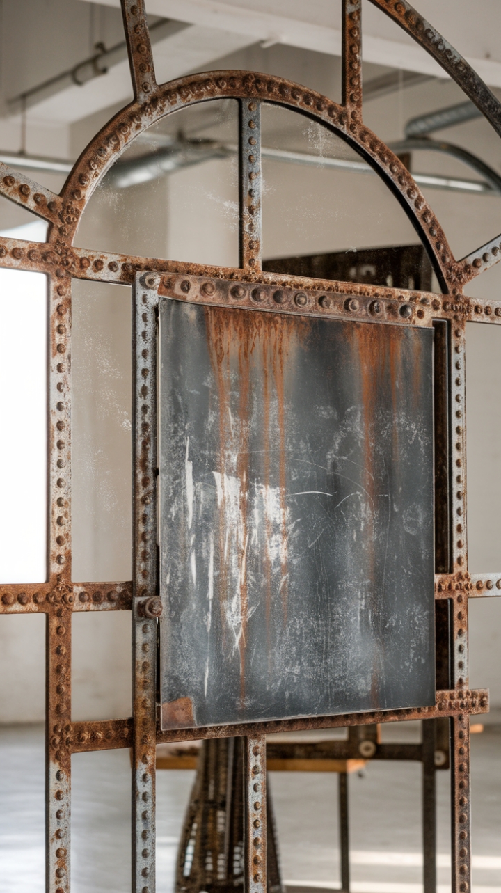 Imagine this stunning mirror reflecting the light in your modern haven. Its aged steel frame, a testament to time and craftsmanship, adds a layer of raw texture and undeniable cool to any room. The simple background lets the mirror's rustic beauty truly shine.
