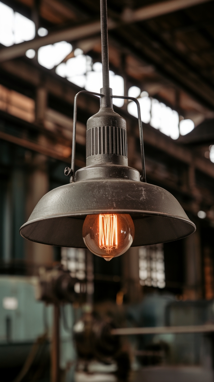Imagine this stunning vintage industrial lamp, its exposed bulb a beacon of character, hanging proudly in your loft or open-plan kitchen. The raw metal and aged patina speak volumes of history, while the warm light it casts creates an inviting ambiance perfect for a space with a bold, industrial aesthetic.