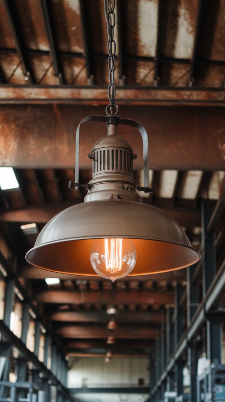A symphony of steel and light. This vintage-inspired pendant, hanging proudly amidst the raw beauty of exposed beams and industrial shelving, adds a touch of nostalgic elegance to any space. Its warm, inviting glow transforms the utilitarian into the utterly captivating.