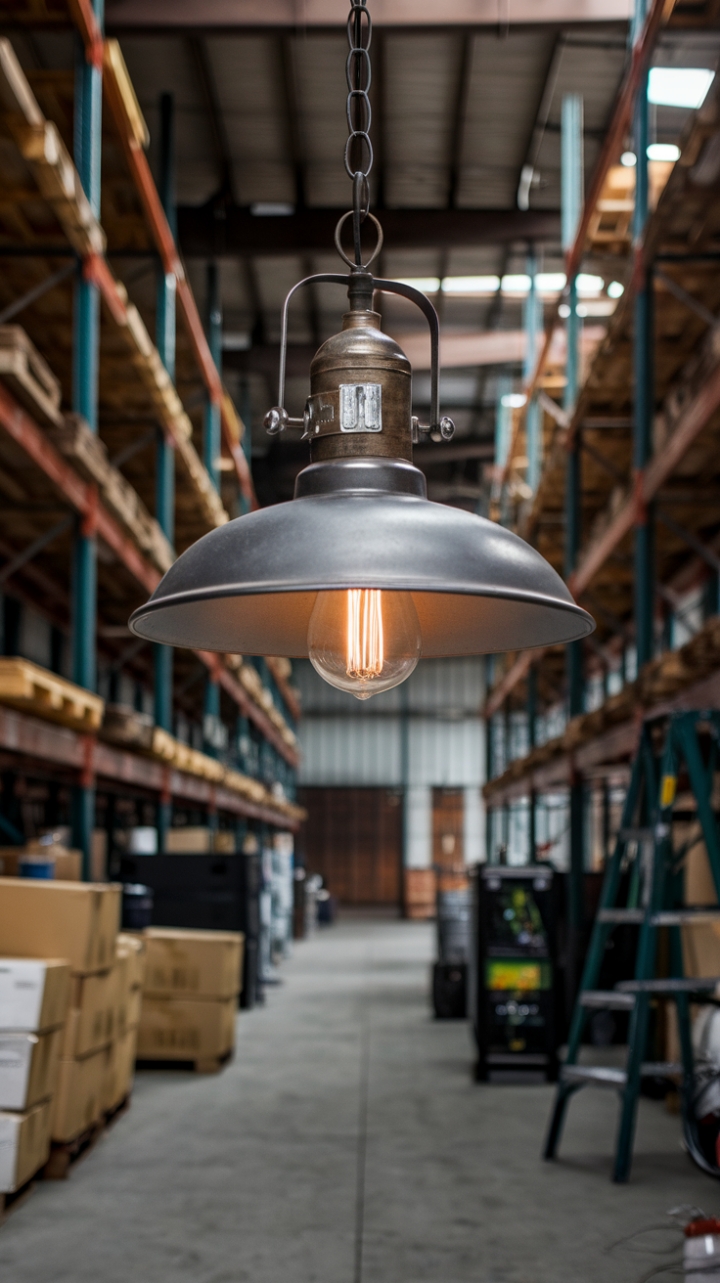 Ready to illuminate your space with raw, industrial charm? This vintage pendant light, captured in a sun-drenched warehouse setting, casts a warm glow against the backdrop of weathered wood and steel. The exposed bulb adds a touch of gritty authenticity, perfect for a loft, studio, or any space craving that urban edge.
